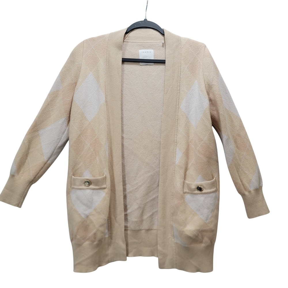 Sandro Paris Argyle Wool Cashmere Blend Open Cardigan Cream Tan Old Money Luxury